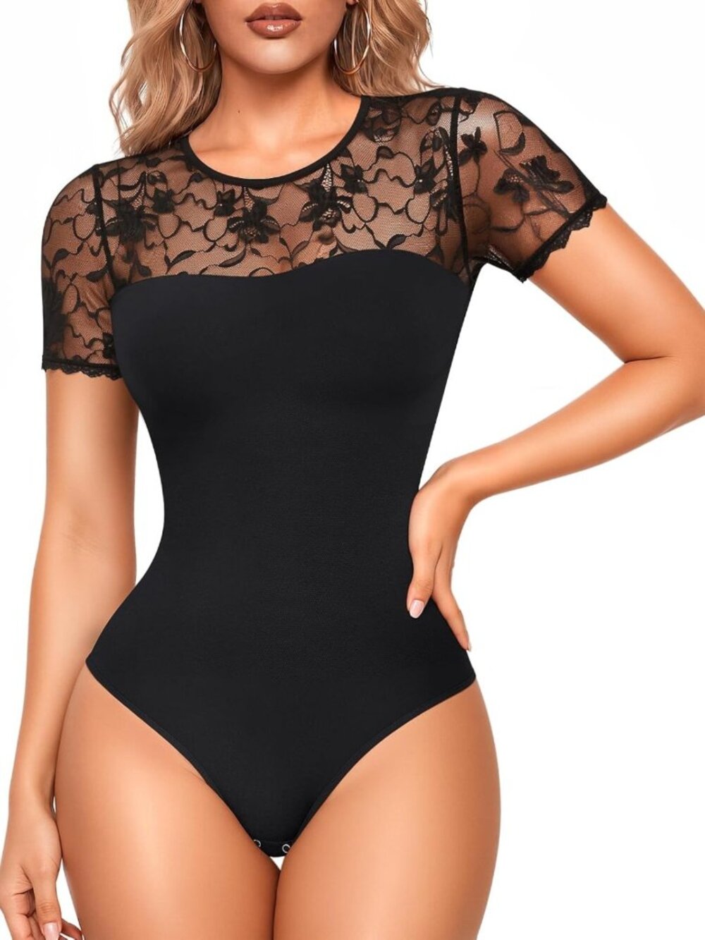 Lace Bodysuit Shapewear for Women | Short Sleeve Thong Body Suit | Sexy Fit